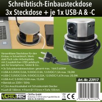 ChiliTec Versenkbare Einbausteckdose 3X Steckdose USB-A USB-C Edelstahl Front