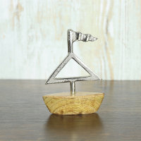 Holz-Boot mitAluminium-Segel 9 X 4 X 13 CM, Silber/Natur